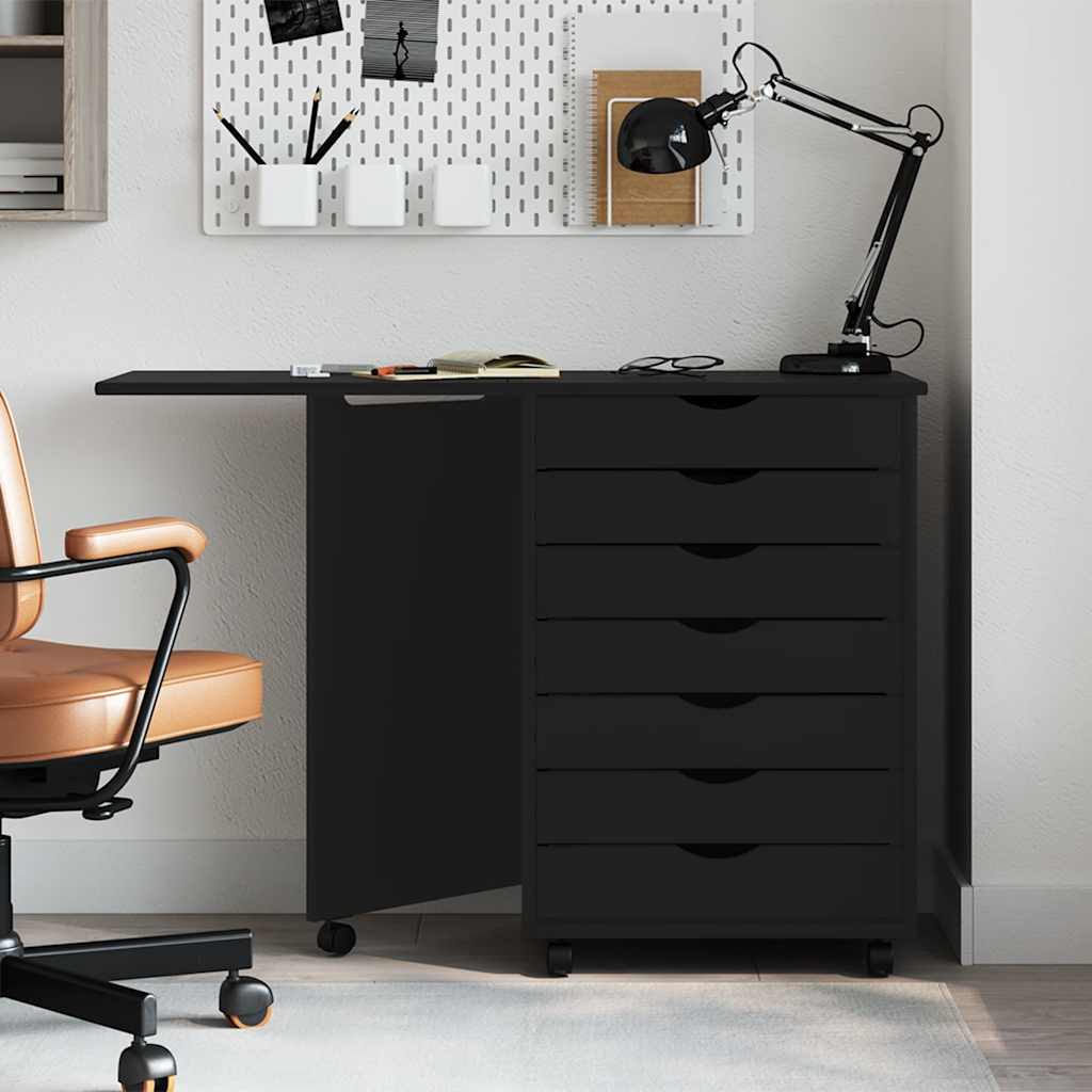 Armoire roulante avec bureau MOSS noir bois de pin solide