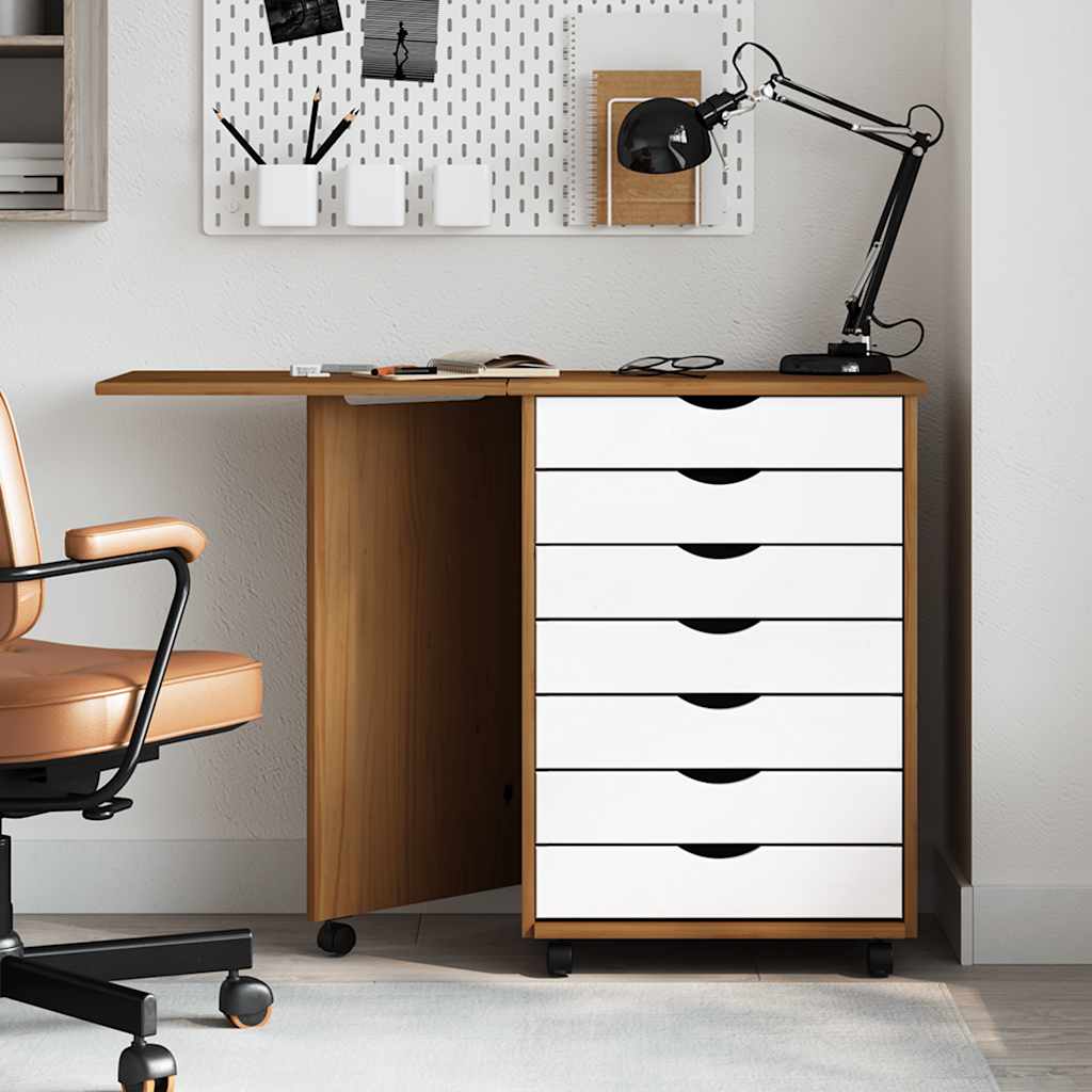 Armoire roulante avec bureau MOSS marron miel bois de pin