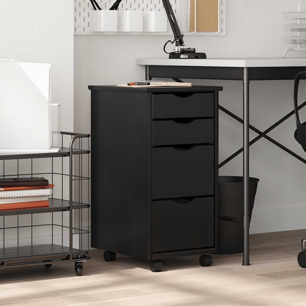 Armoire roulante avec tiroirs MOSS noir bois de pin solide