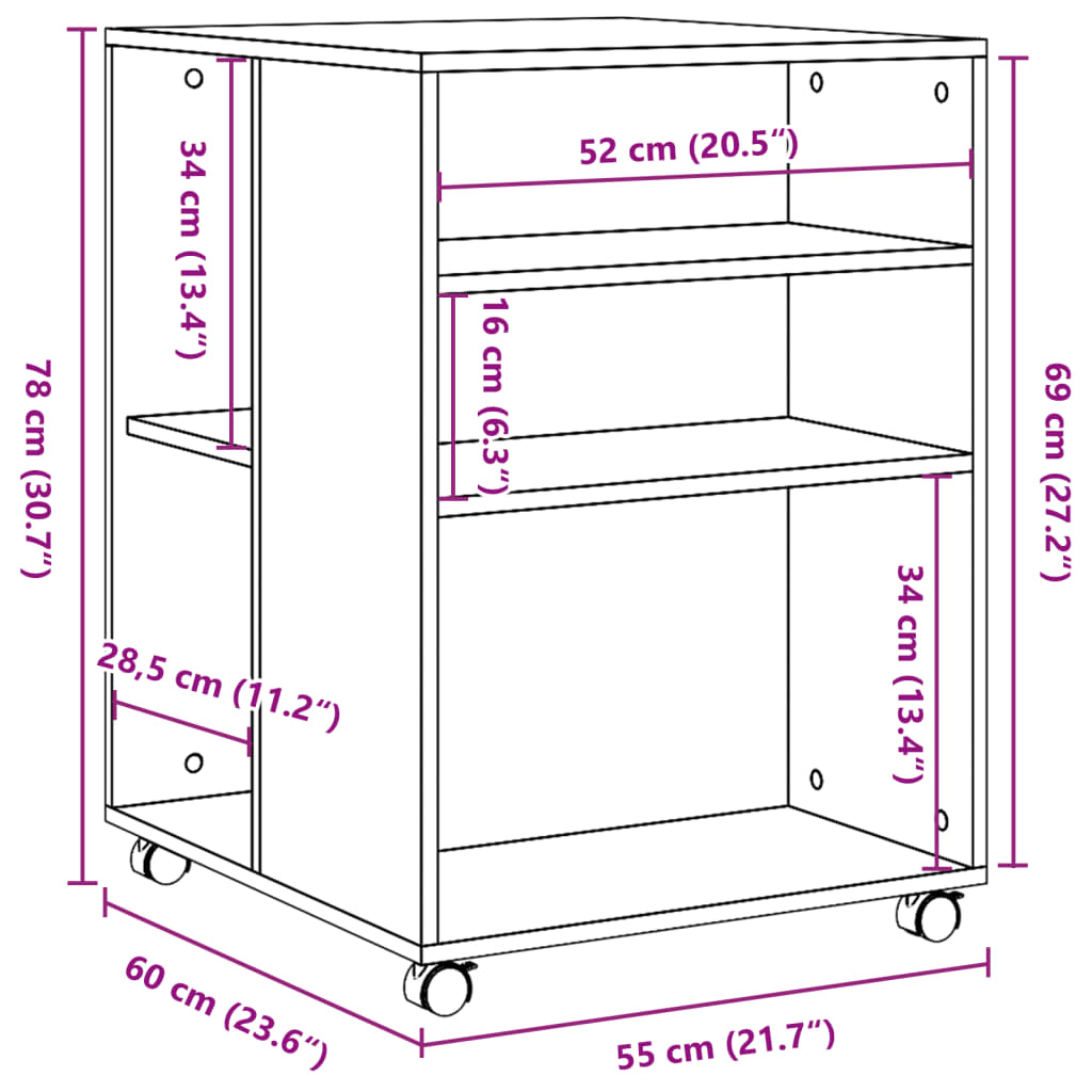 Table d'appoint avec roues chêne marron bois d'ingénierie