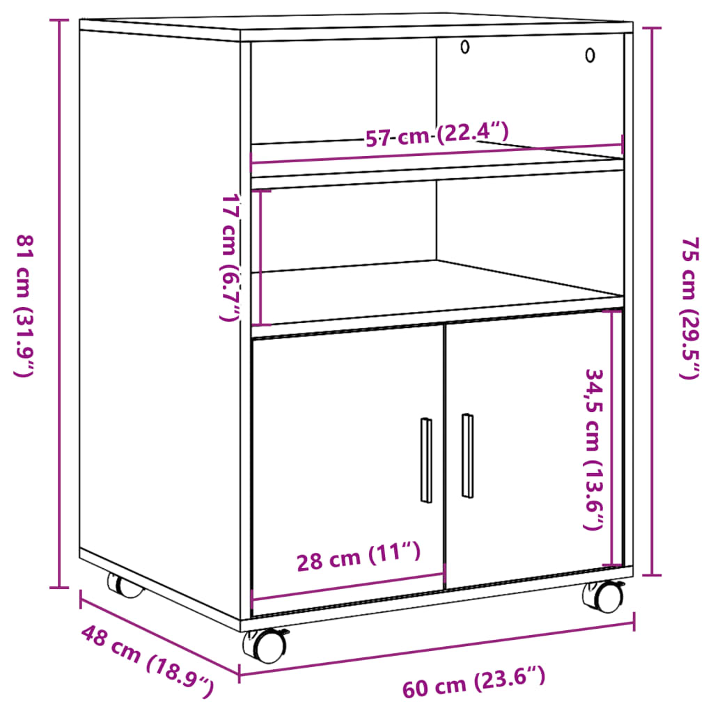 Armoire à roulettes chêne marron 60x48x81 cm bois d'ingénierie