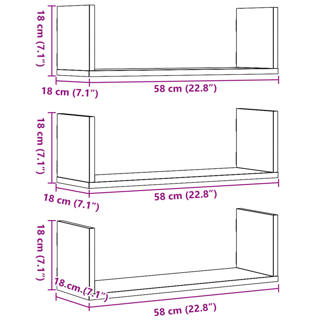 Étagères murales 3 pcs vieux bois 58x18x18 cm bois d'ingénierie - XIOS