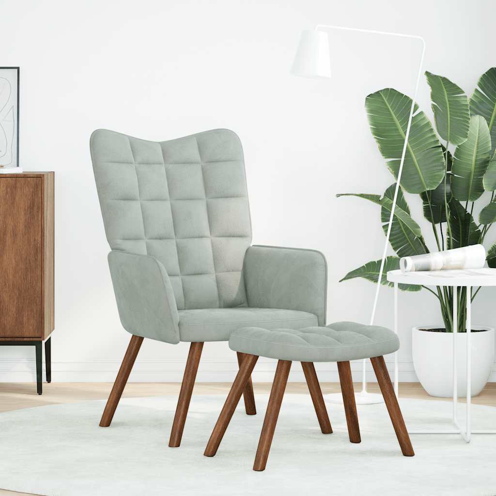 Chaise de relaxation avec tabouret Gris clair Velours - XIOS