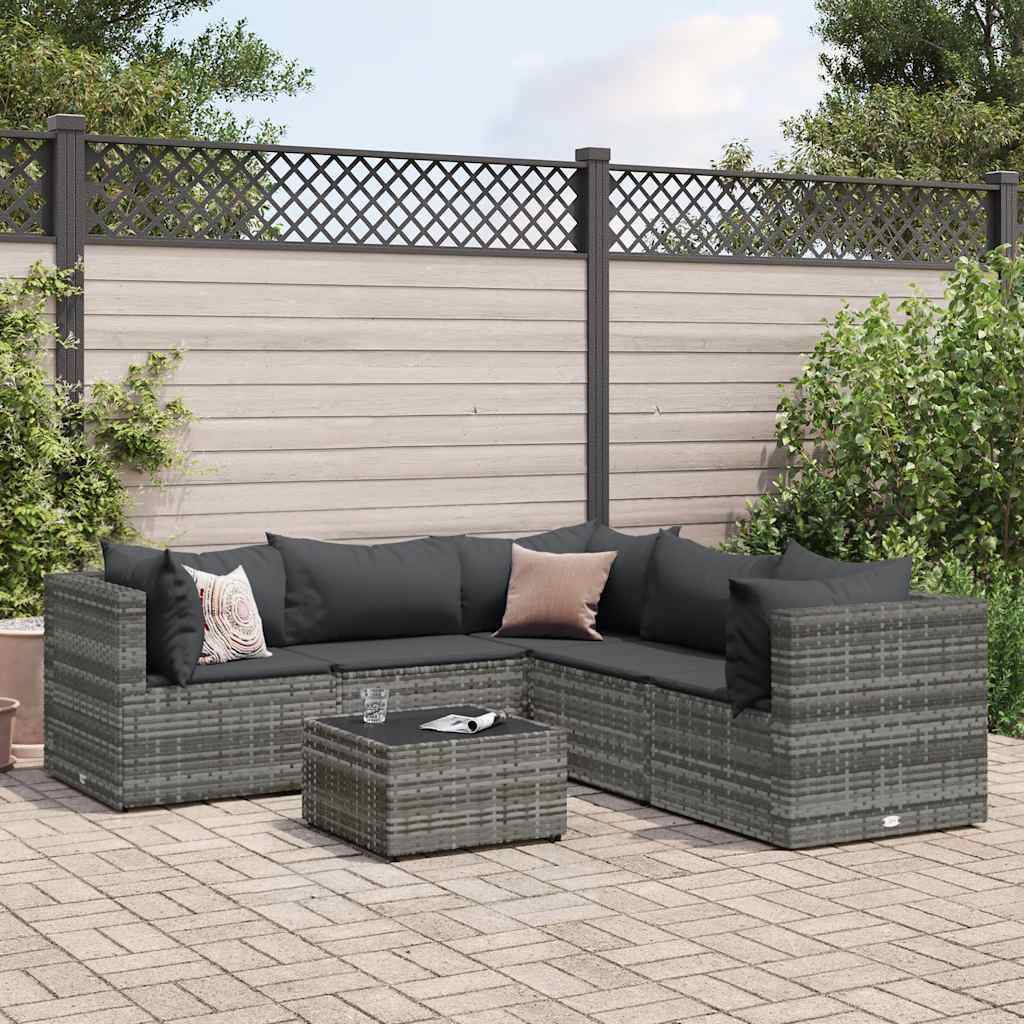 Salon de jardin 6 pcs avec coussins Gris Résine tressée - XIOS