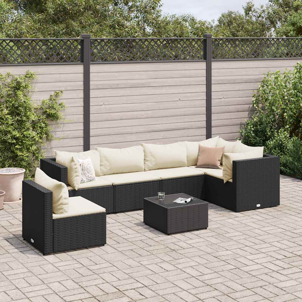 Salon de jardin 7 pcs avec coussins Noir Résine tressée