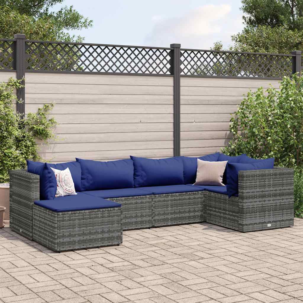 Salon de jardin 6 pcs avec coussins Gris Résine tressée