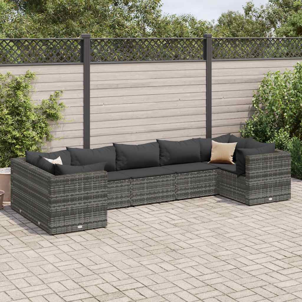 Salon de jardin 7 pcs avec coussins Gris Résine tressée Salons de jardin vidaXL