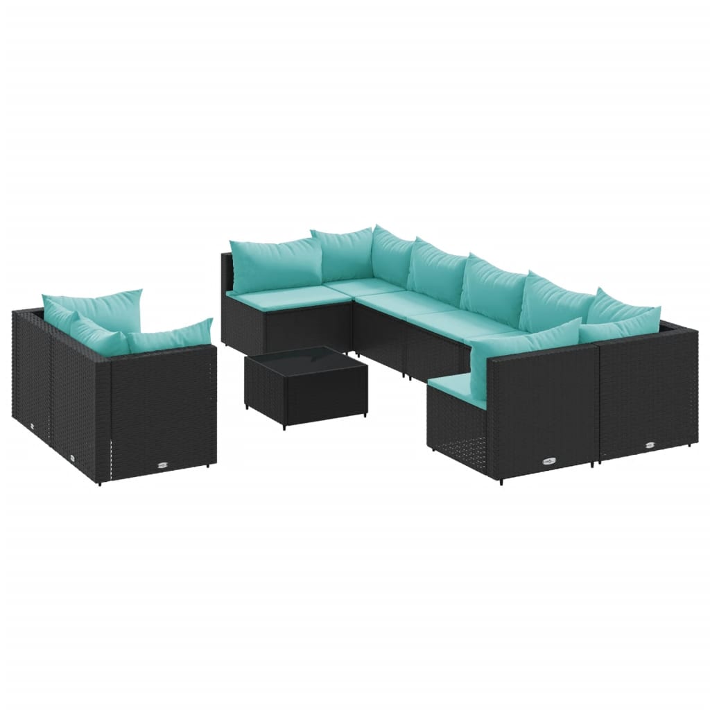 Salon de jardin 10 pcs avec coussins noir résine tressée