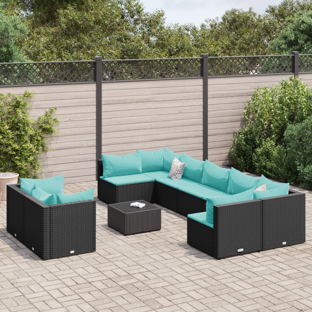 Salon de jardin 10 pcs avec coussins noir résine tressée
