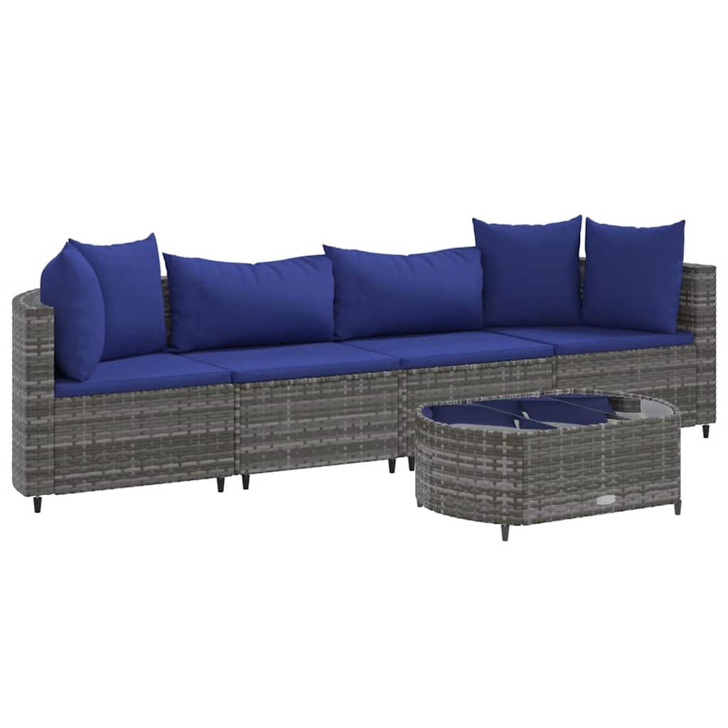 Salon de jardin 5 pcs avec coussins gris résine tressée