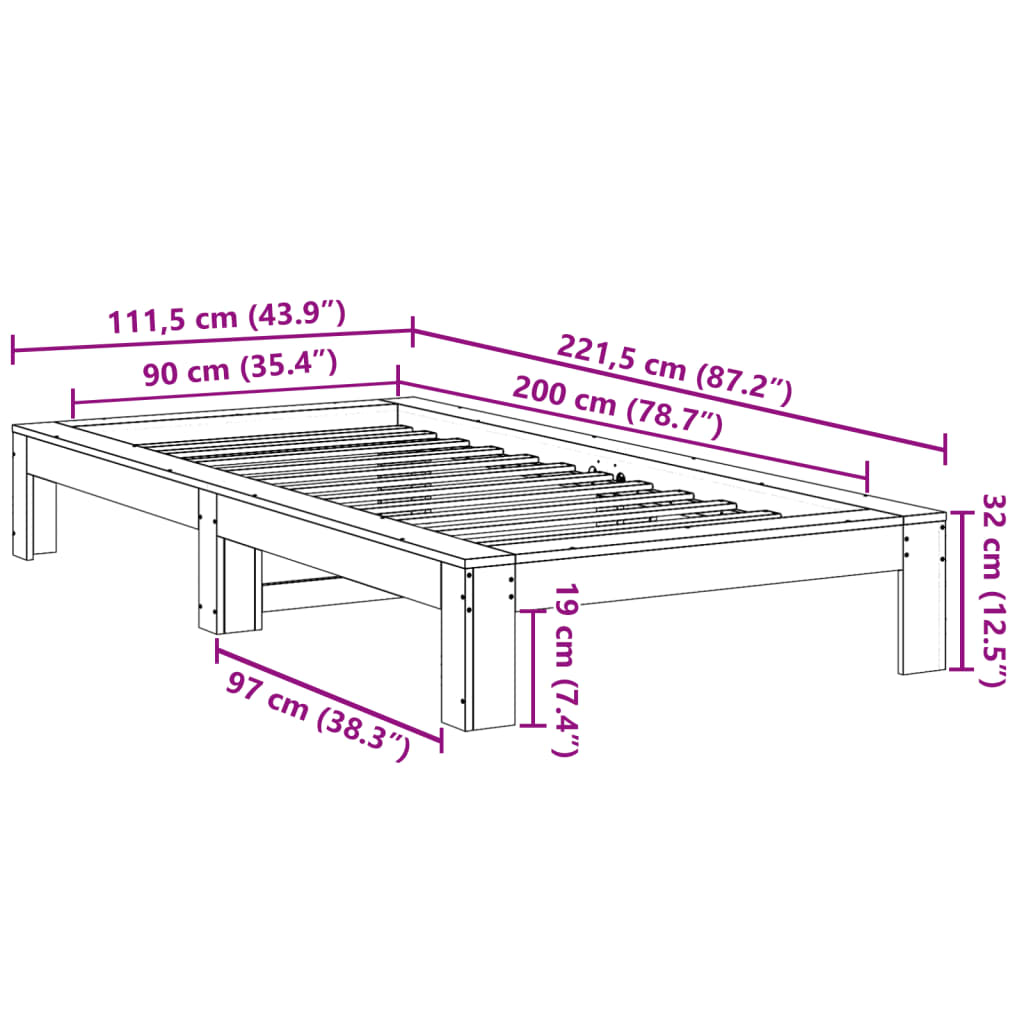 Cadre de lit sans matelas cire marron 90x200 cm bois pin massif - XIOS