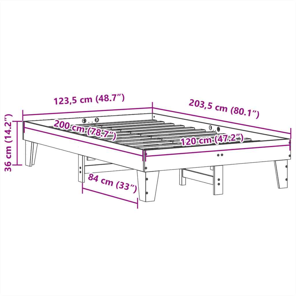 Cadre de lit sans matelas cire marron 120x200cm bois pin massif - XIOS