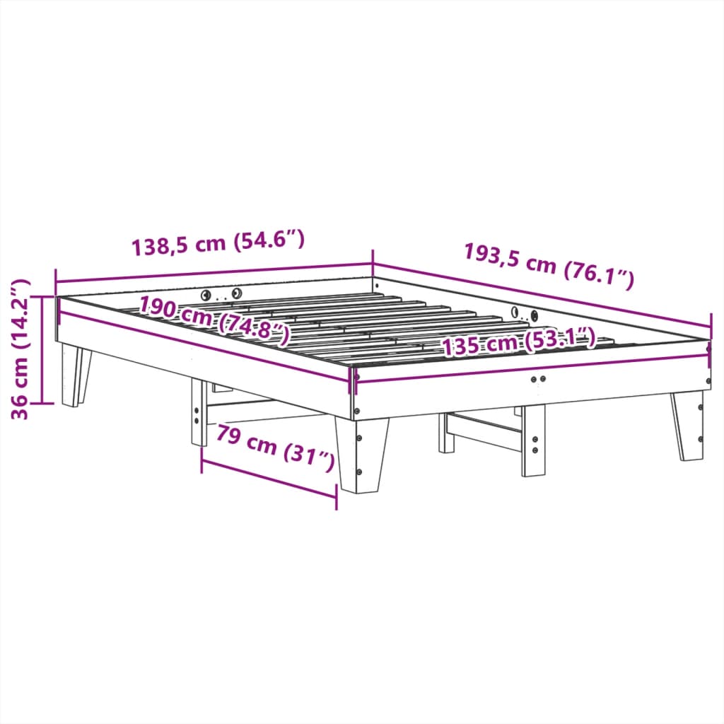 Cadre de lit sans matelas cire marron 135x190cm bois pin massif - XIOS