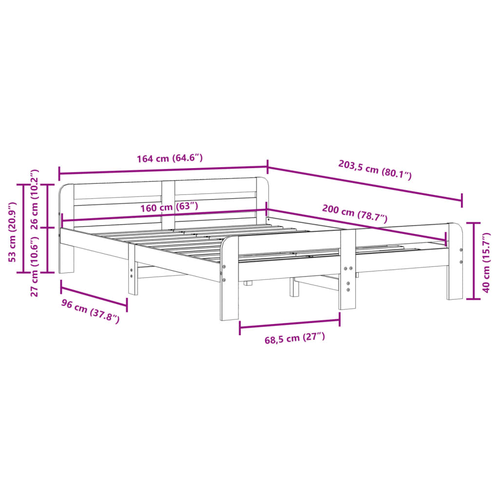 Cadre de lit sans matelas 160x200 cm bois massif de pin - XIOS