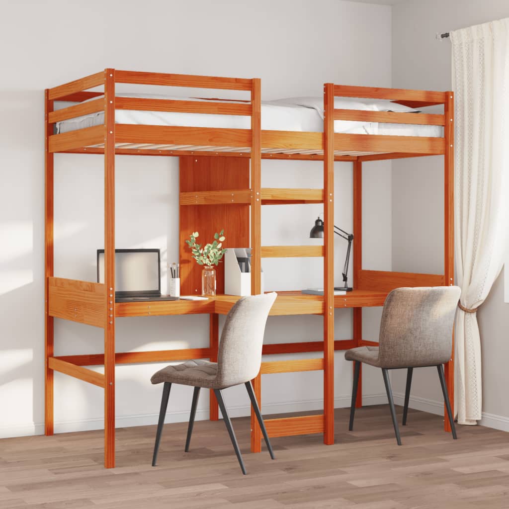 Lit mezzanine avec bureau et étagères brun cire 90x200 cm pin - XIOS