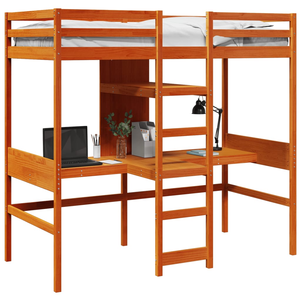 Lit mezzanine avec bureau et étagères brun cire 90x200 cm pin - XIOS