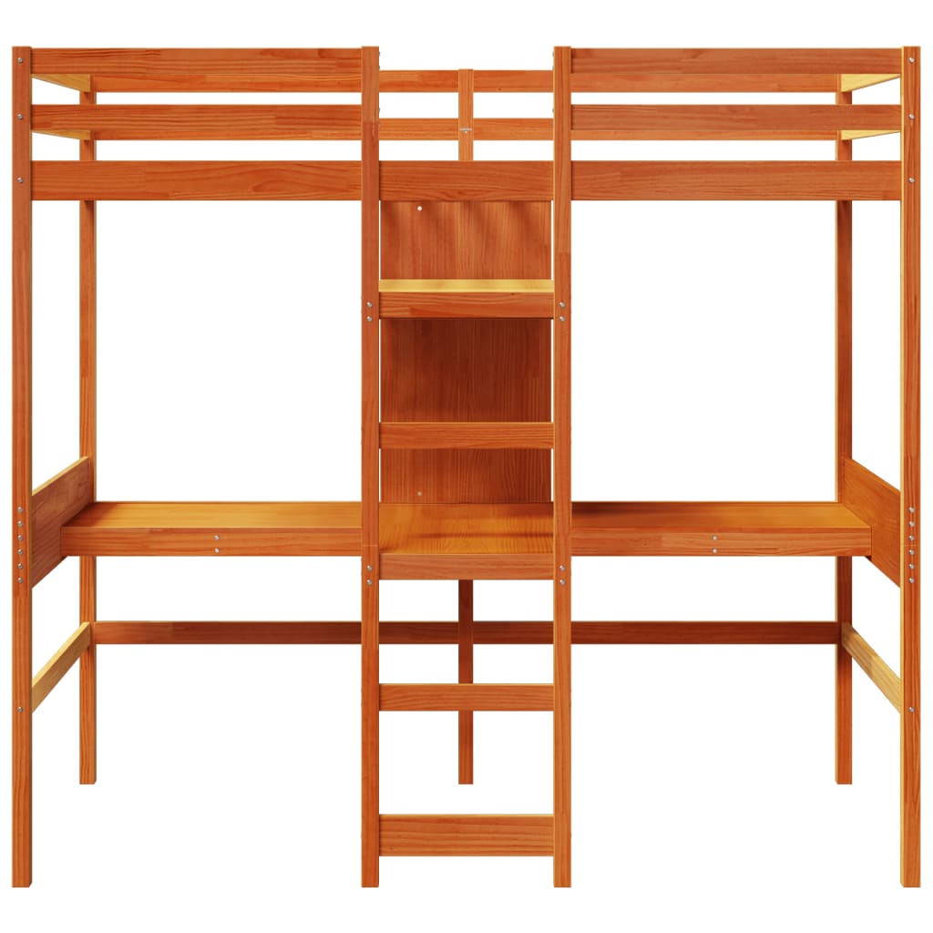 Lit mezzanine avec bureau et étagères brun cire 90x200 cm pin - XIOS