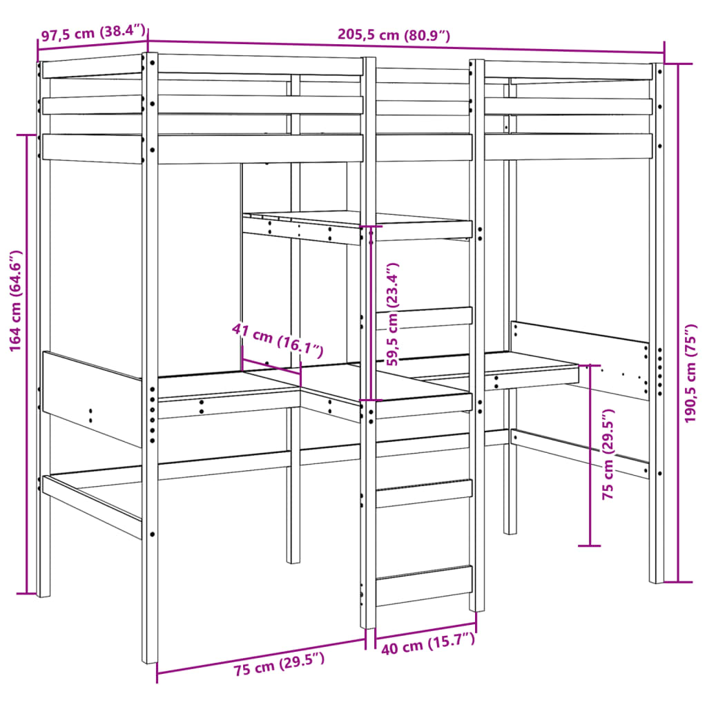 Lit mezzanine avec bureau et étagères brun cire 90x200 cm pin - XIOS