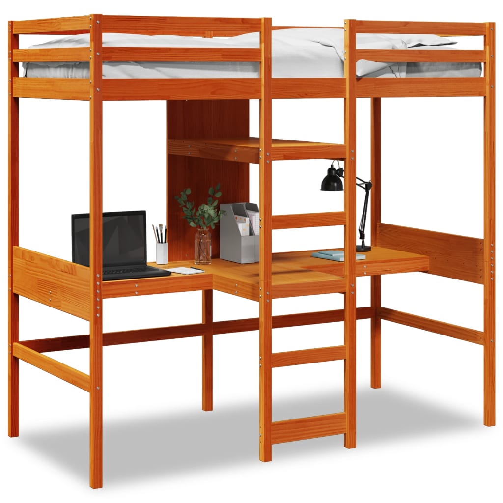 Lit mezzanine avec bureau et étagères brun cire 90x200 cm pin - XIOS