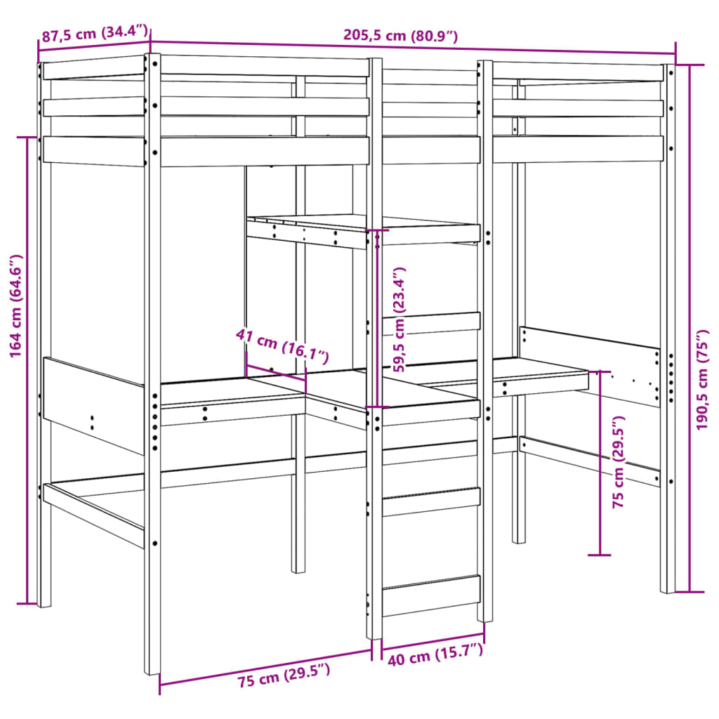 Cadre de lit superposé sans matelas 80x200cm bois de pin massif - XIOS