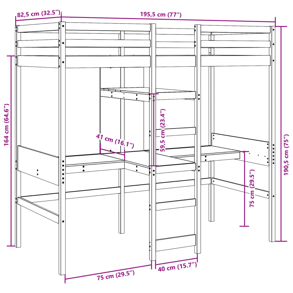 Cadre de lit superposé sans matelas 75x190cm bois de pin massif - XIOS