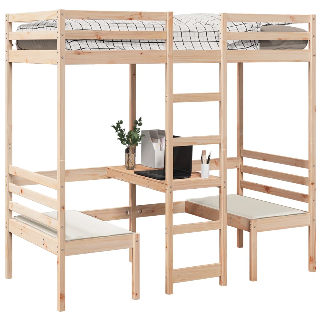 Lit mezzanine avec bureau et chaises 90x200 cm pin massif - XIOS