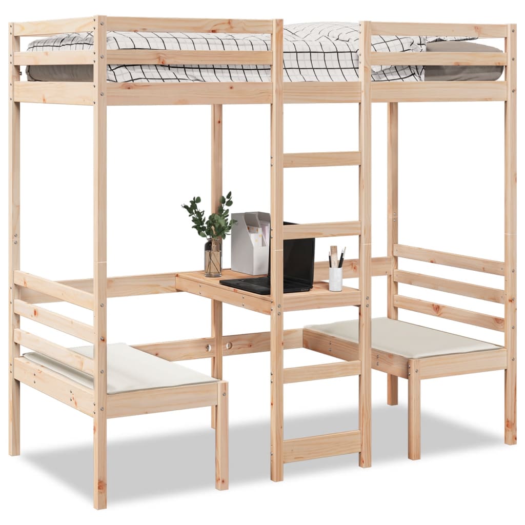 Lit mezzanine avec bureau et chaises 90x200 cm pin massif - XIOS