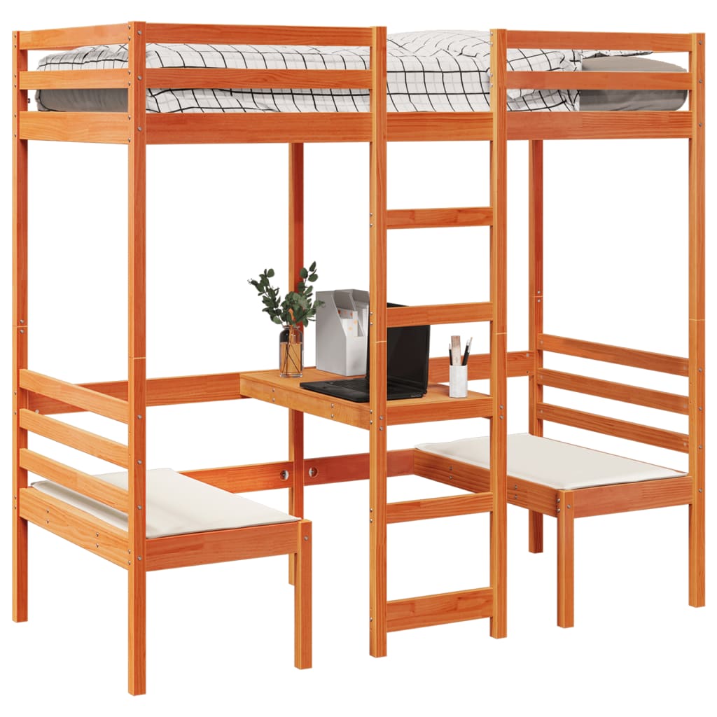 Lit mezzanine avec bureau et chaises brun cire 90x200 cm pin - XIOS