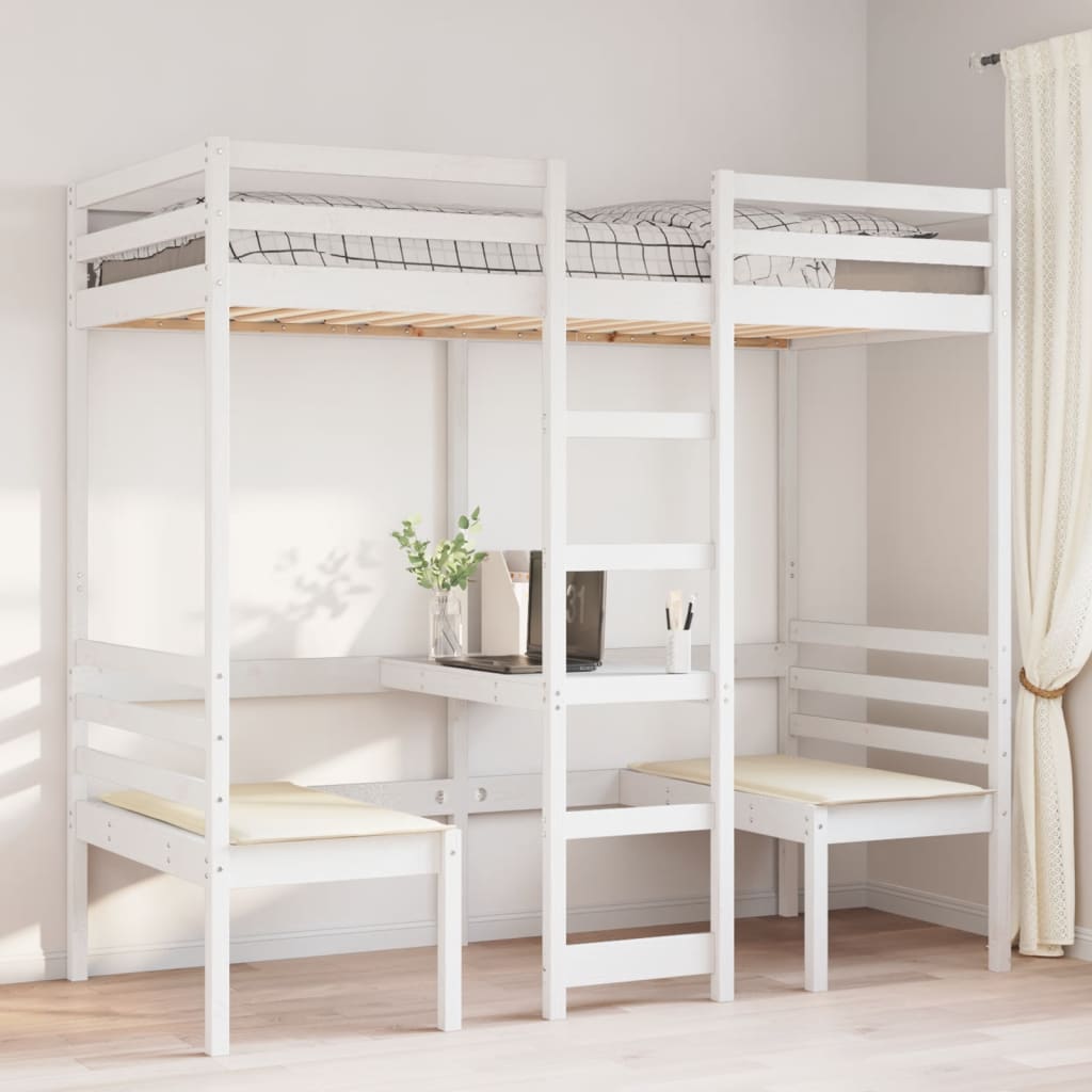 Lit mezzanine avec bureau et chaises blanc 80x200 cm pin massif - XIOS