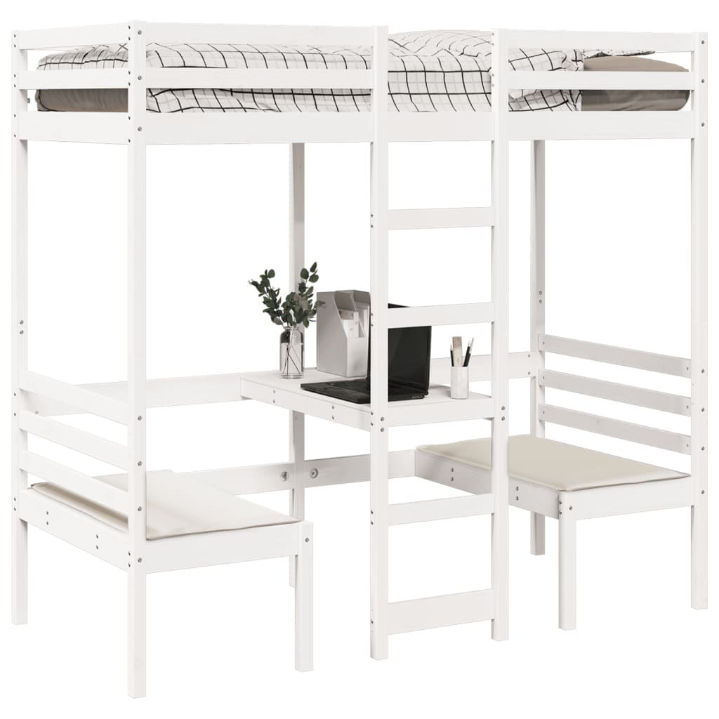 Lit mezzanine avec bureau et chaises blanc 80x200 cm pin massif - XIOS