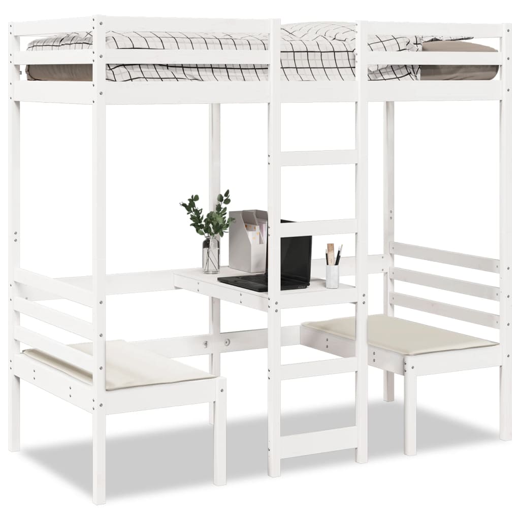Lit mezzanine avec bureau et chaises blanc 80x200 cm pin massif - XIOS