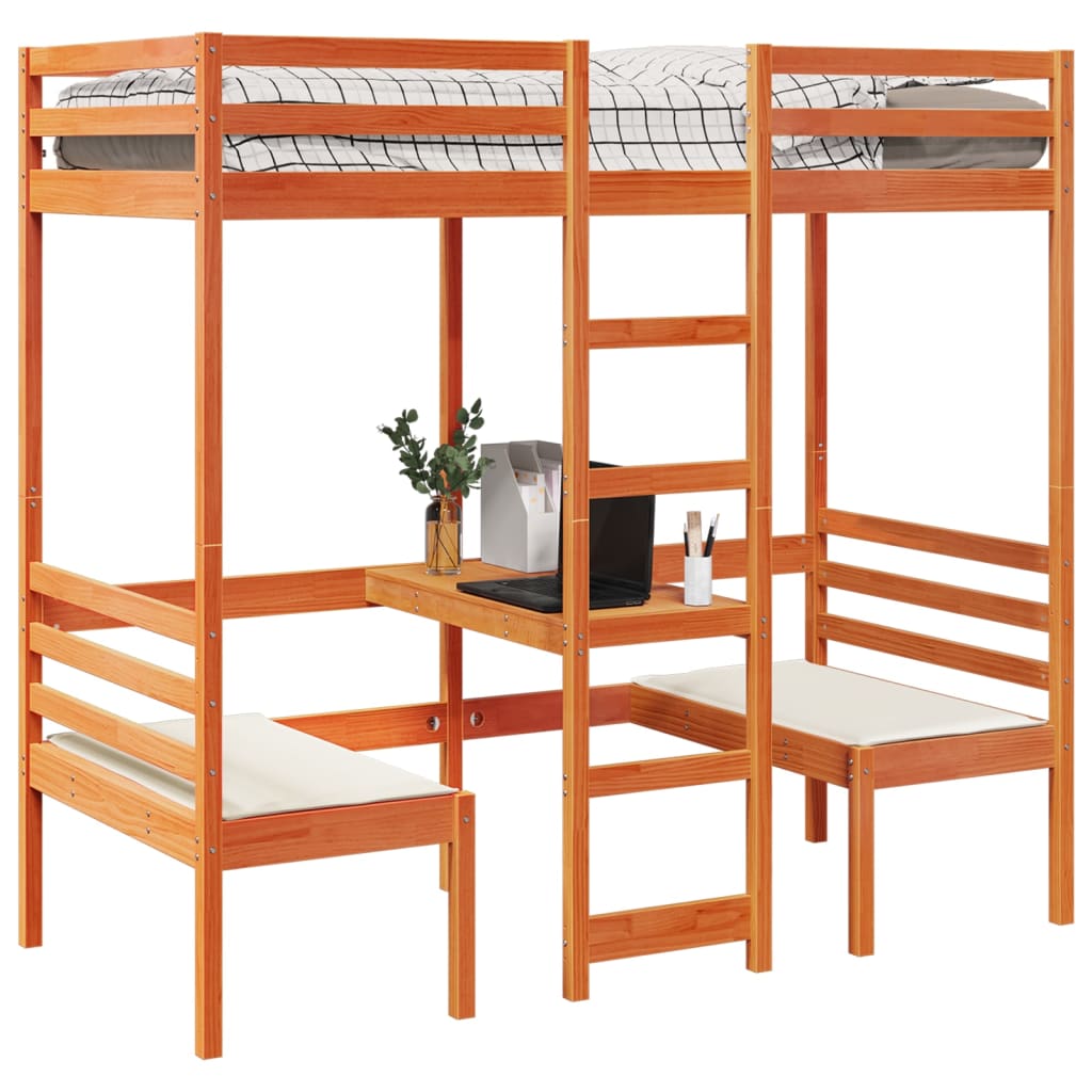 Lit mezzanine avec bureau et chaises brun cire 80x200 cm pin - XIOS