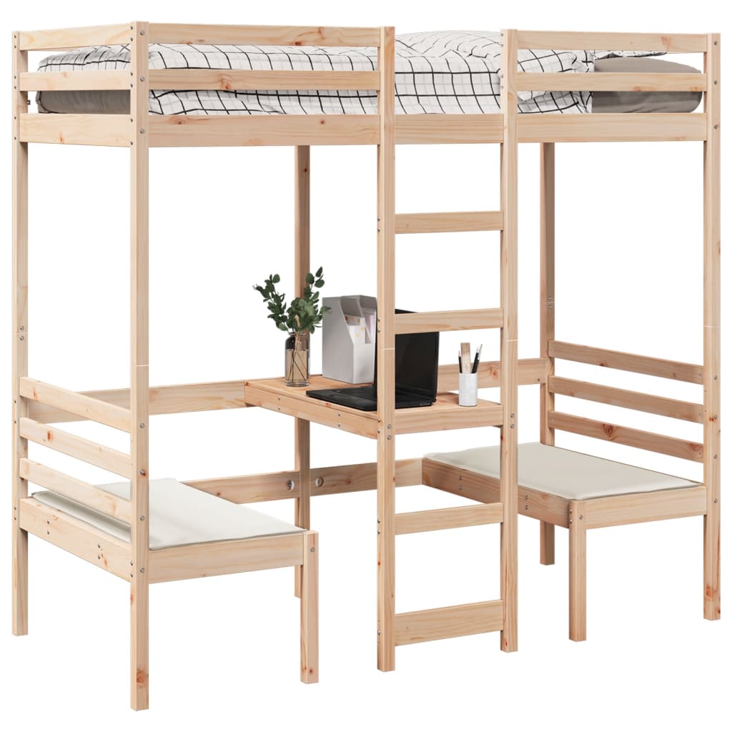 Lit mezzanine avec bureau et chaises 90x190 cm pin massif - XIOS