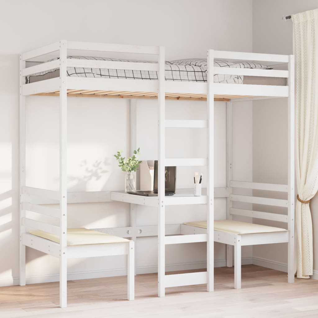 Lit mezzanine avec bureau et chaises blanc 90x190 cm pin massif - XIOS
