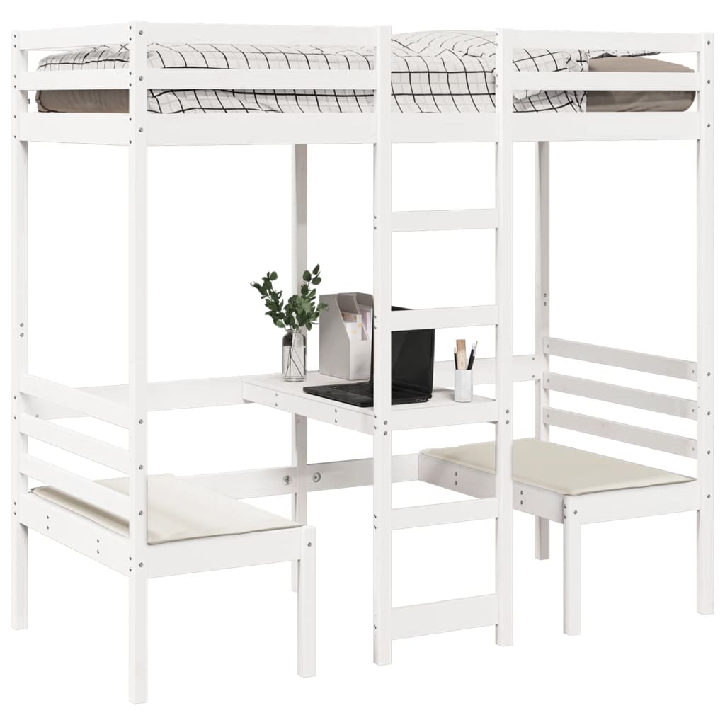 Lit mezzanine avec bureau et chaises blanc 90x190 cm pin massif - XIOS