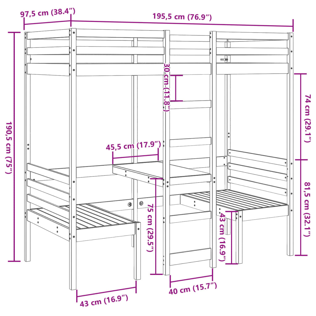 Lit mezzanine avec bureau et chaises blanc 90x190 cm pin massif - XIOS