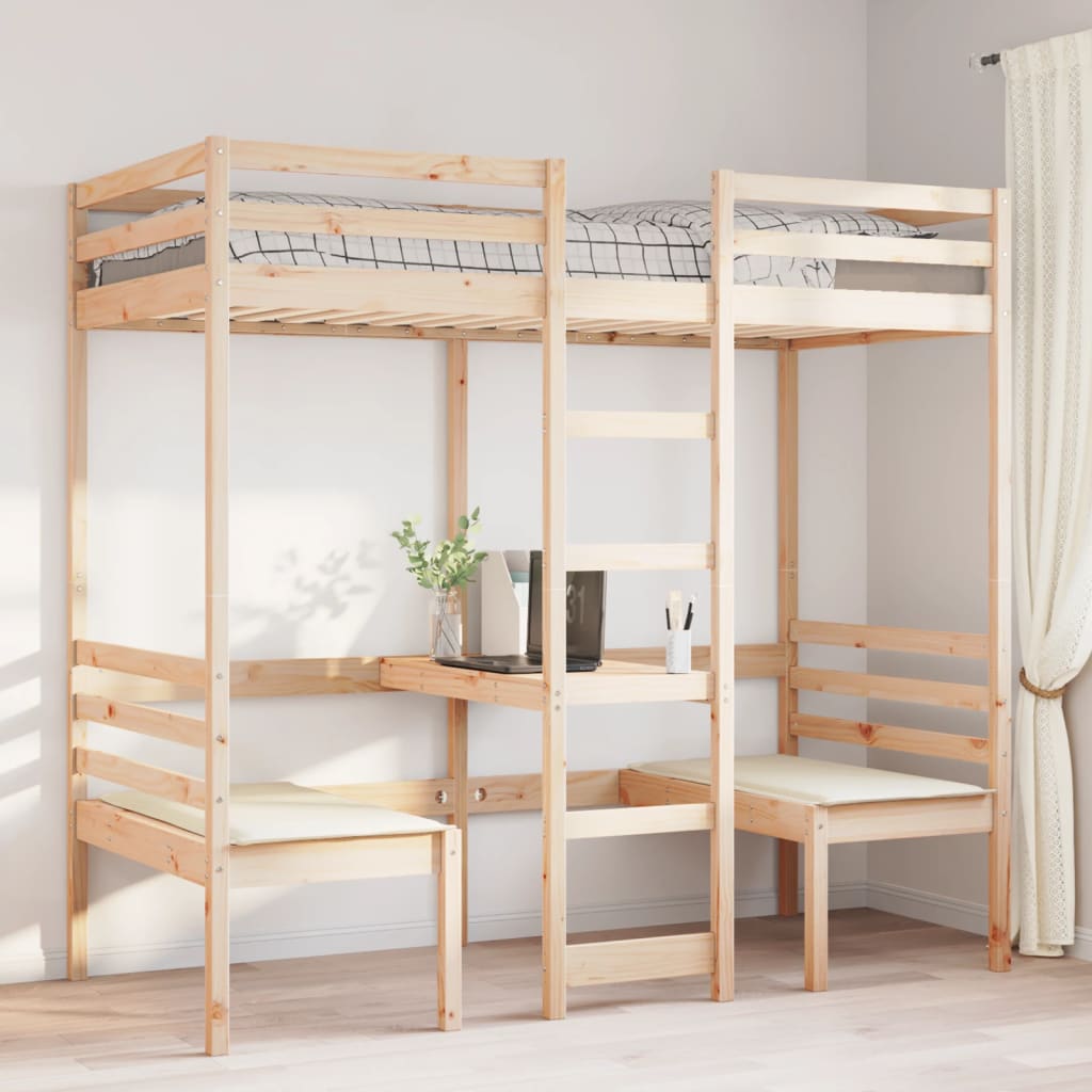 Lit mezzanine avec bureau et chaises 75x190 cm pin massif - XIOS