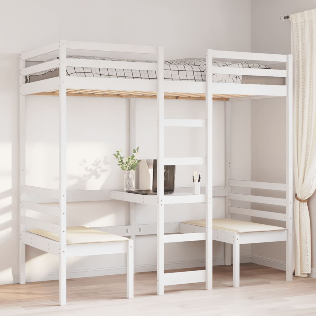Lit mezzanine avec bureau et chaises blanc 75x190 cm pin massif - XIOS