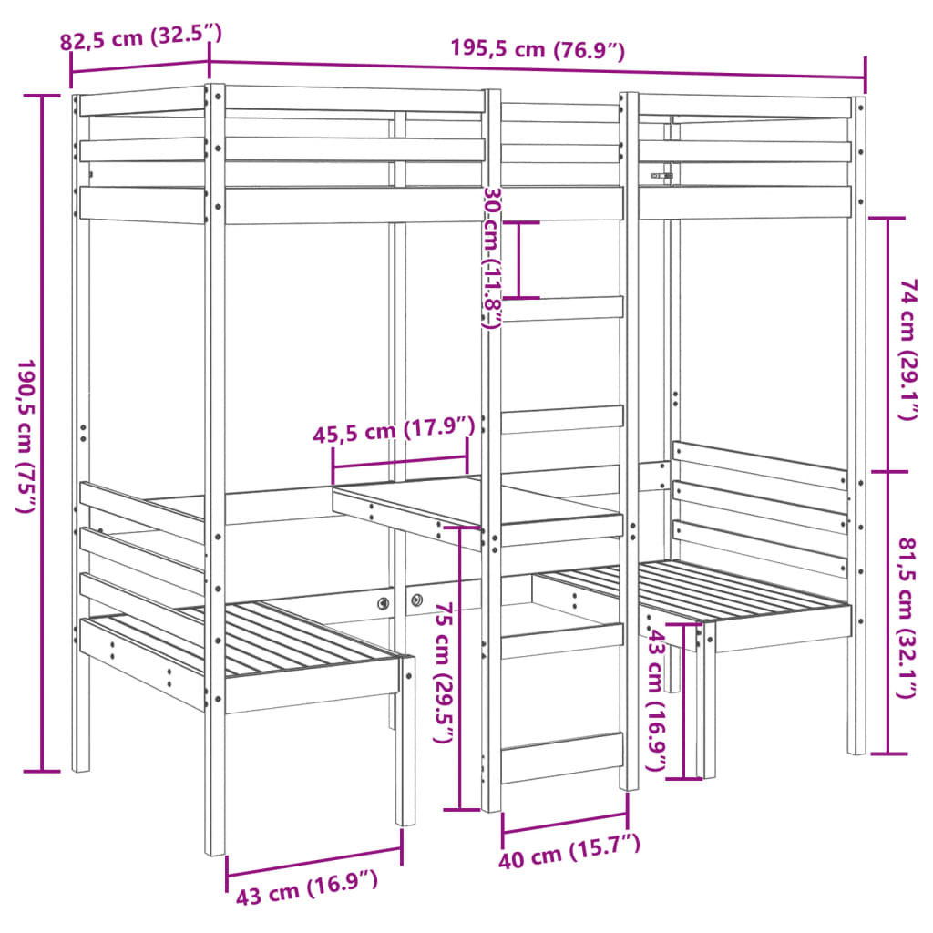 Lit mezzanine avec bureau et chaises blanc 75x190 cm pin massif - XIOS