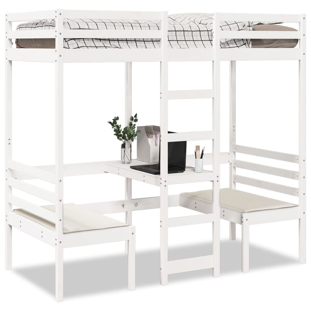 Lit mezzanine avec bureau et chaises blanc 75x190 cm pin massif - XIOS