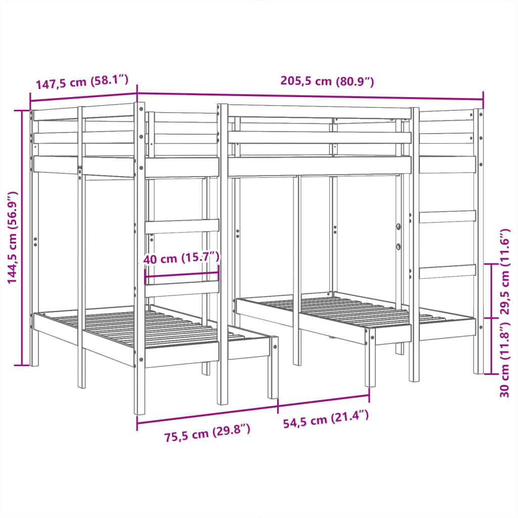 Lit superposé triple blanc 140x200/70x140 cm bois de pin massif - XIOS