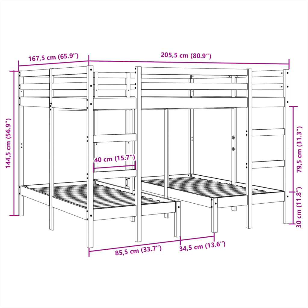 Lit superposé triple blanc 160x200/80x160 cm bois de pin massif - XIOS