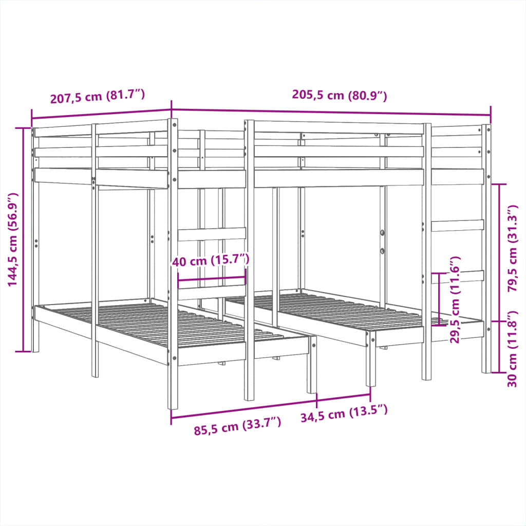 Lit superposé triple 200x200/80x200 cm bois de pin massif - XIOS
