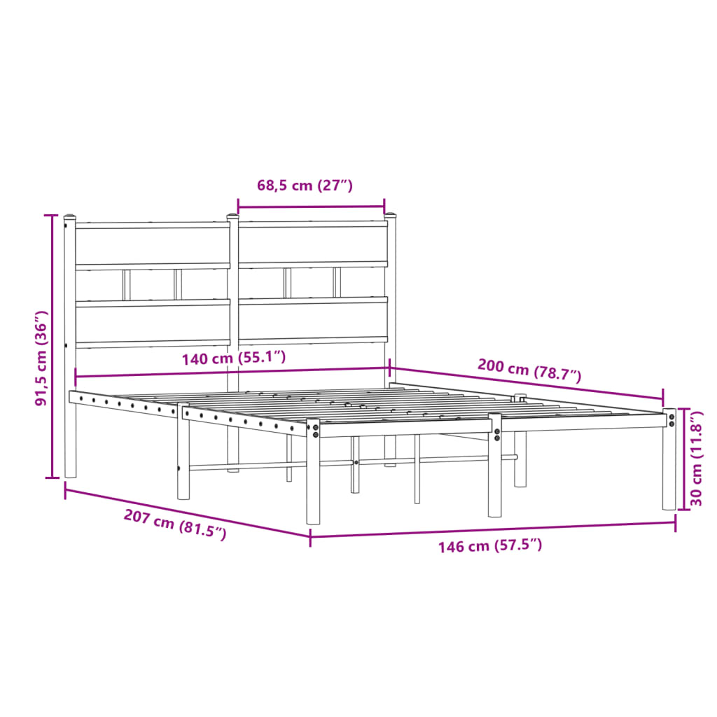 Cadre de lit en métal sans matelas chêne fumé 140x200 cm - XIOS