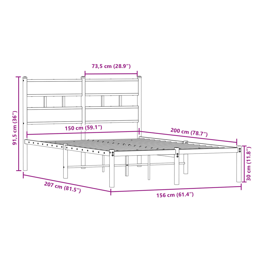 Cadre de lit en métal sans matelas chêne fumé 150x200 cm - XIOS