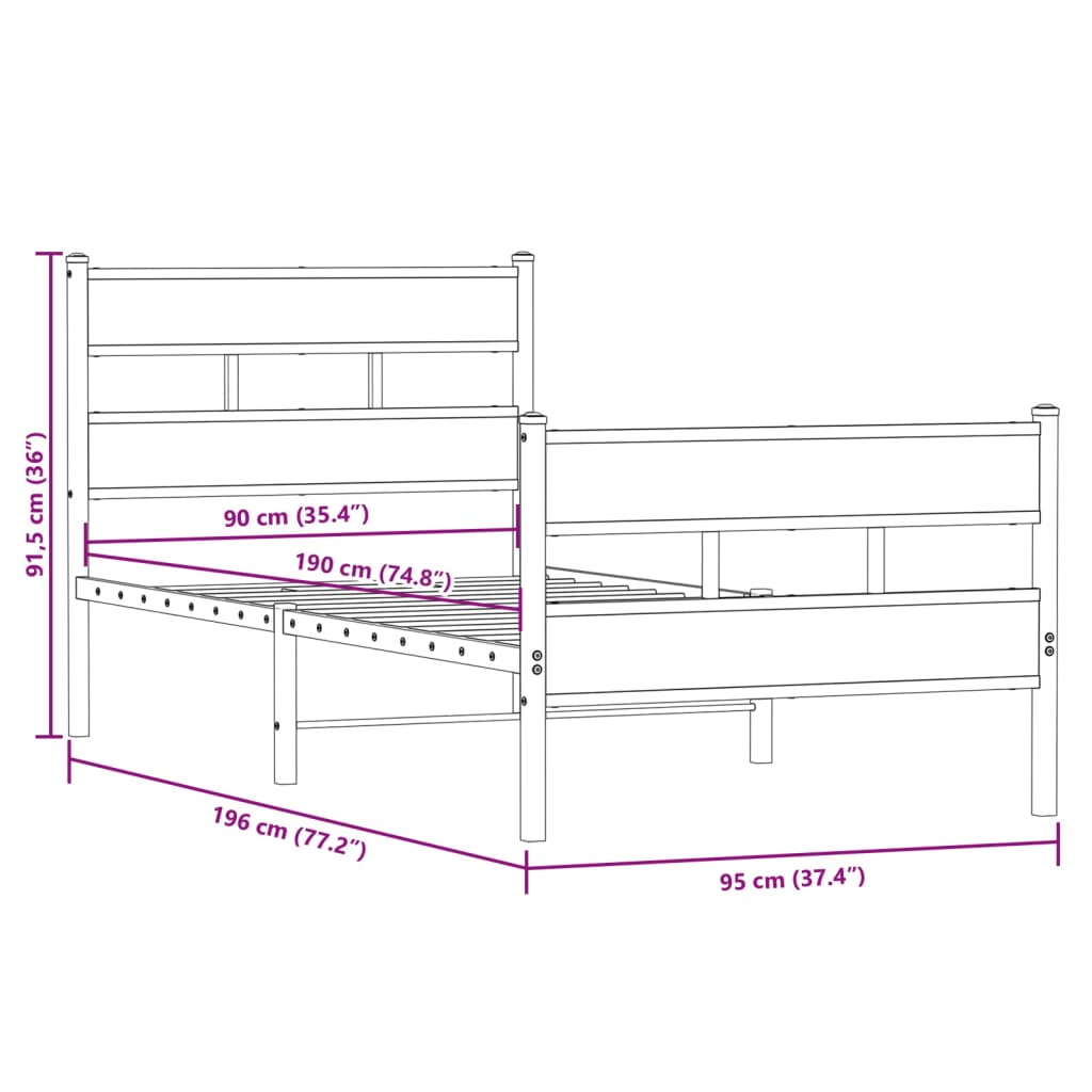 Cadre de lit en métal sans matelas chêne fumé 90x190 cm - XIOS