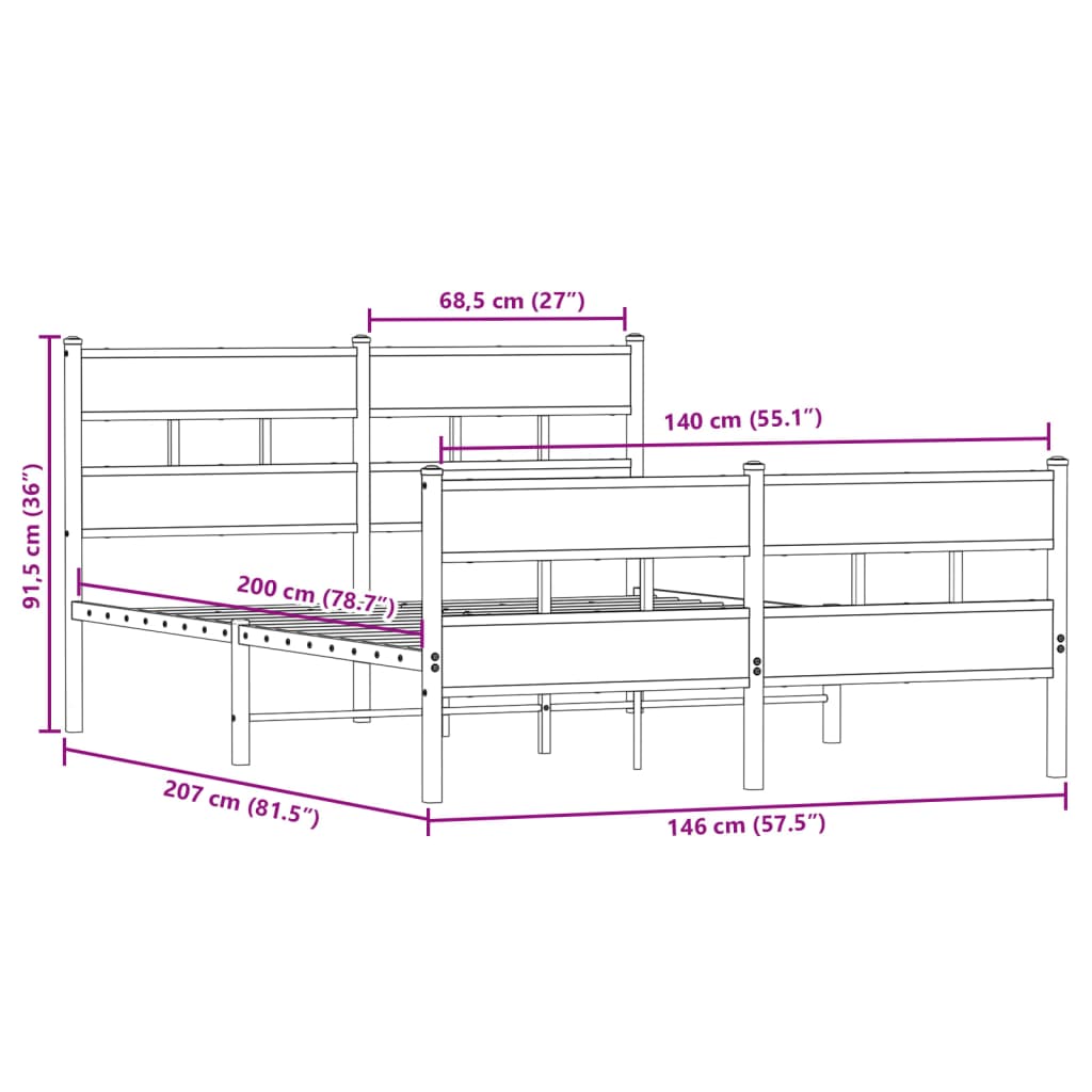 Cadre de lit en métal sans matelas chêne fumé 140x200 cm - XIOS
