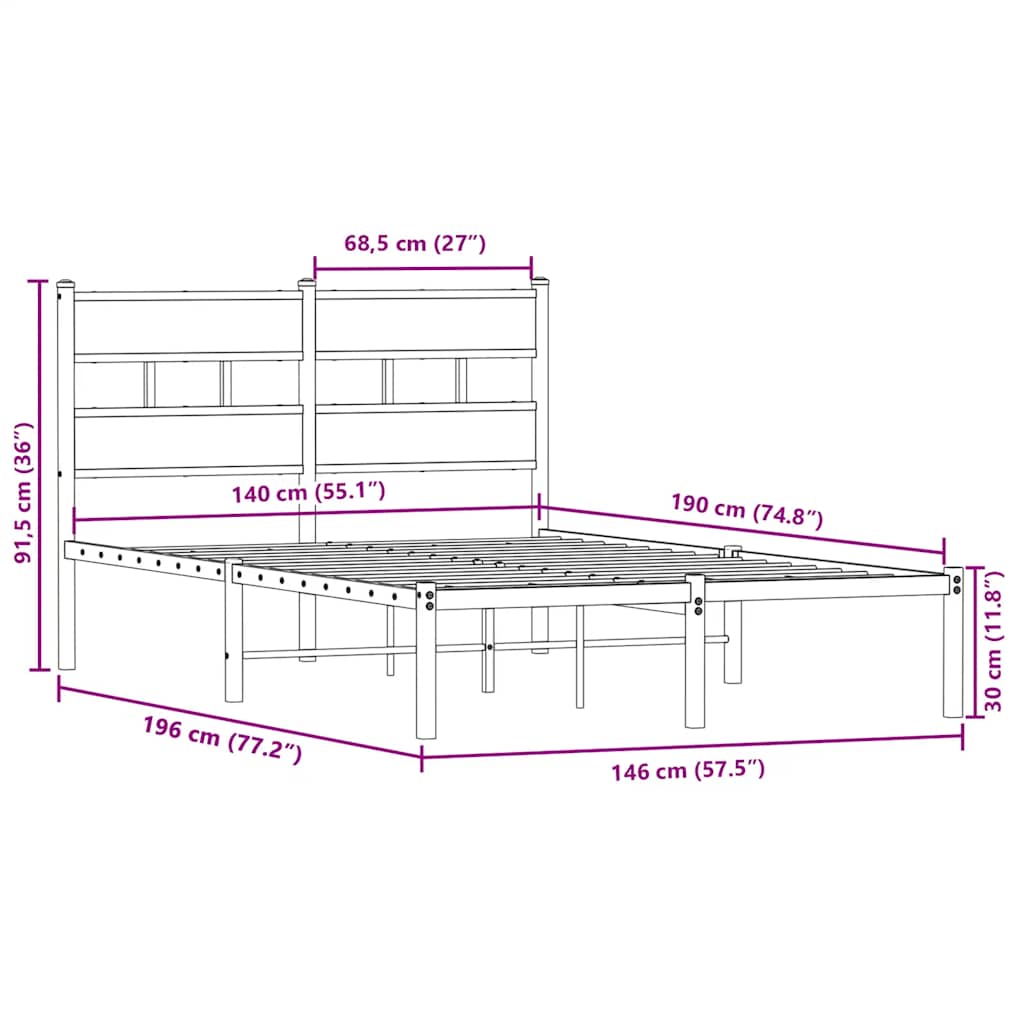 Cadre de lit en métal sans matelas chêne sonoma 140x190 cm - XIOS