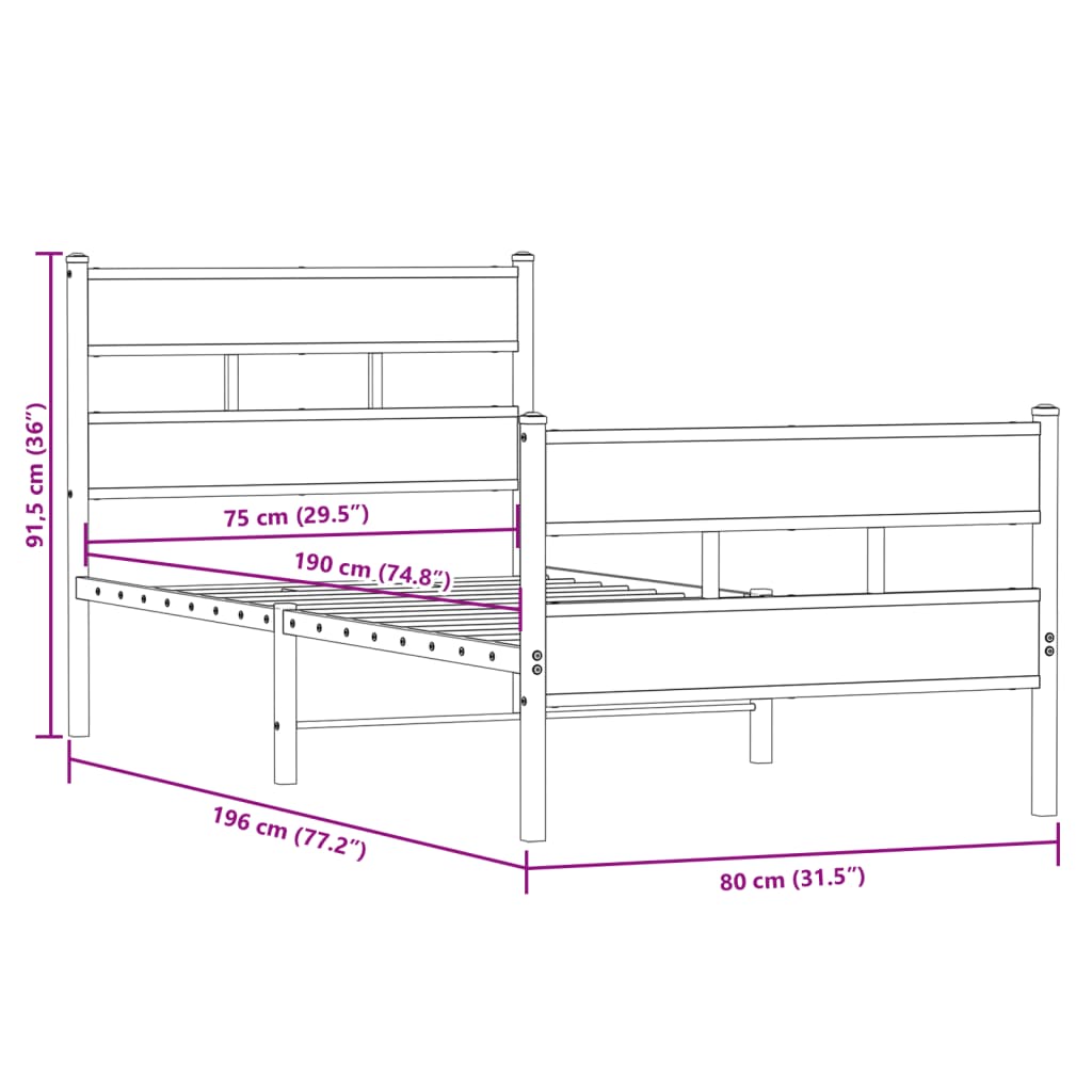 Cadre de lit en métal sans matelas chêne sonoma 75x190 cm - XIOS