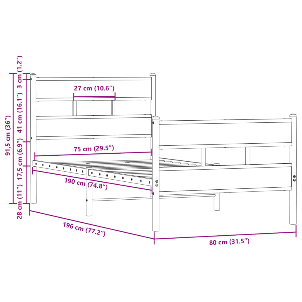 Cadre de lit sans matelas avec tête de lit pied de lit 75x190cm - XIOS
